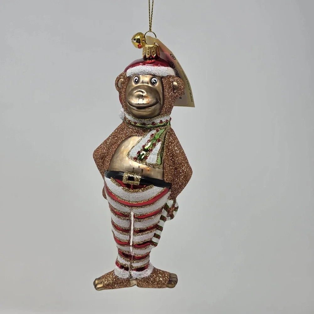 JingleNog Monkeyin Around White Ornament #80076 Hand Blown & Painted in Poland